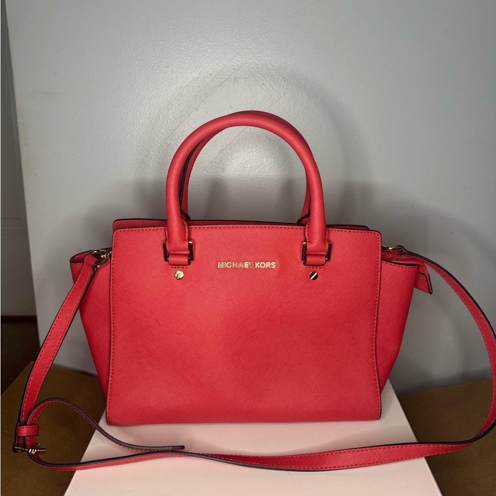 Michael Kors Coral-Red Saffiano Leather Satchel - Picture 1 of 5